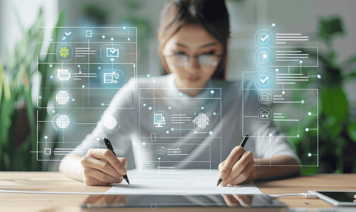 woman sitting at a desk with paperwork with illustrative artificial intelligence elements and icons representing multi-tasking and optimization techniques 