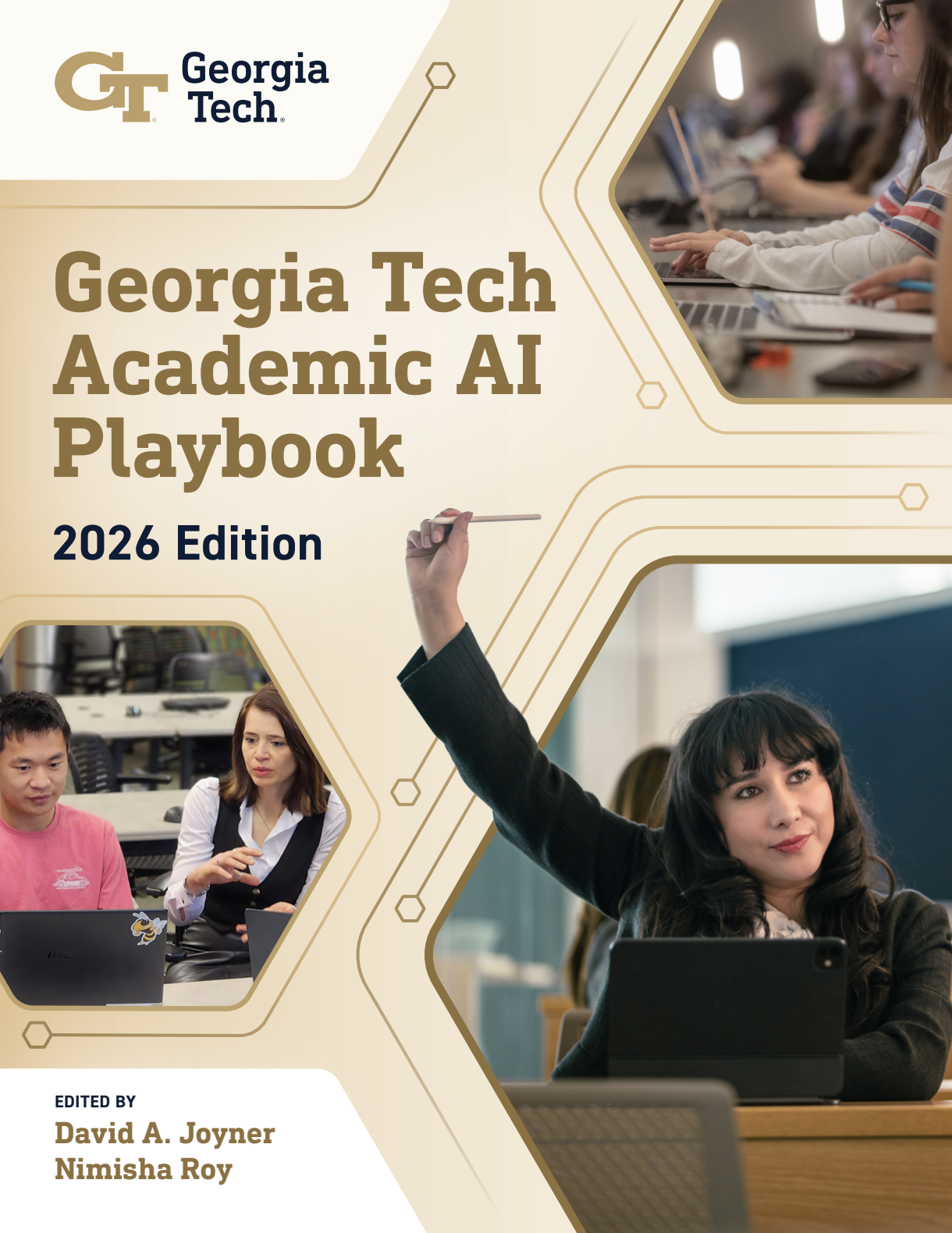 Cover of the Georgia Tech Academic AI Playbook, 2026 Edition. The cover features the Georgia Tech logo, classroom scenes of participants using laptops and collaborating, and a person raising a stylus while using a tablet. Editors listed are David A. Joyner and Nimisha Roy.