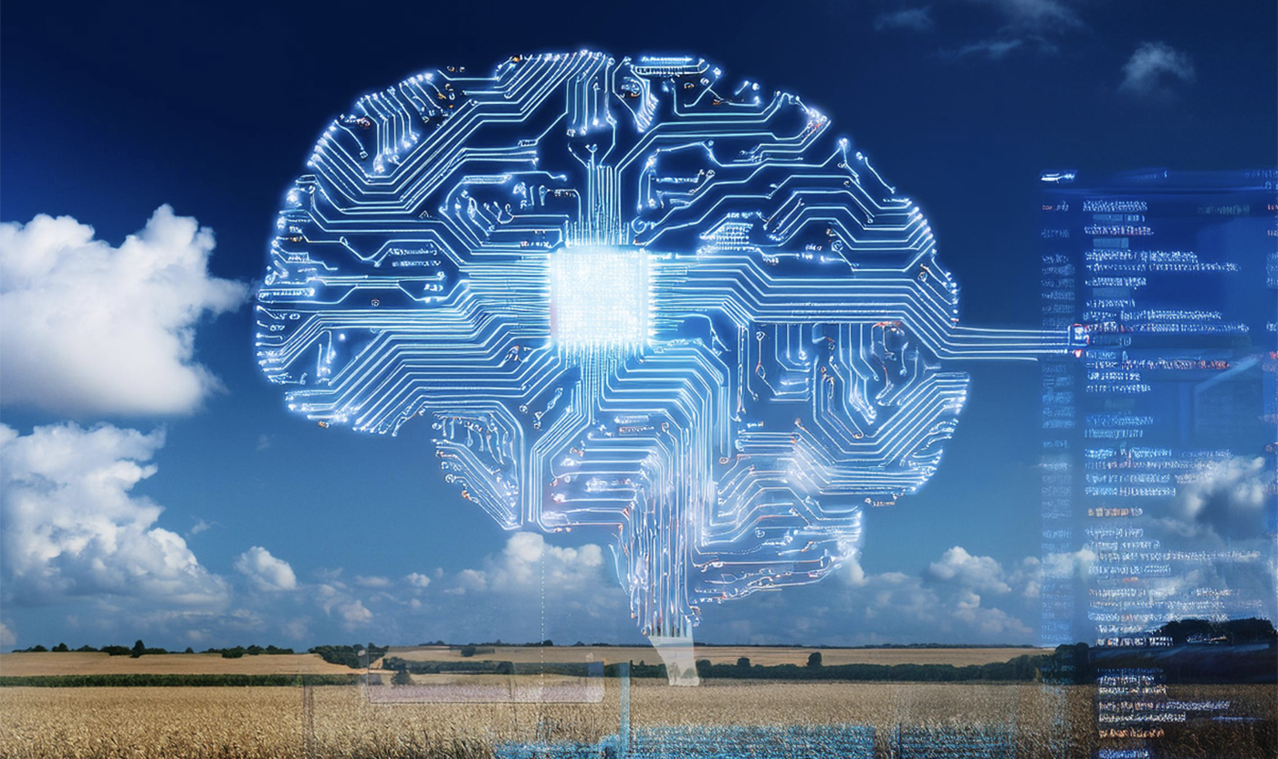 representative image of multidisciplinary AI research with a human-like brain in the sky over a field