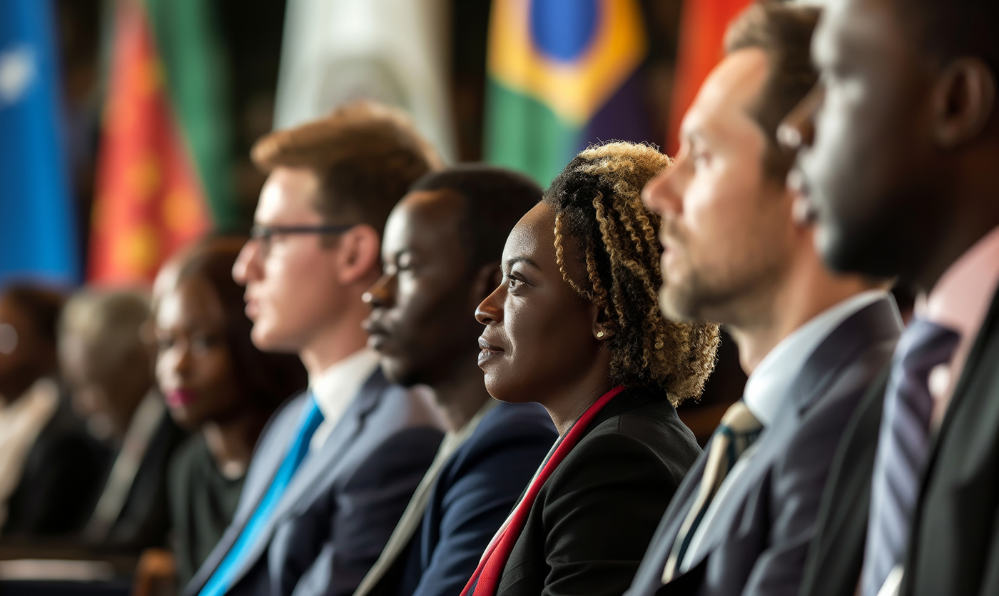 A row of diverse delegates at an international conference with blurred faces to maintain anonymity